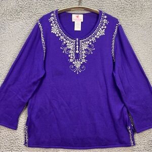Quacker Factory Shirt Womens 1X Purple Embellished Beaded Rhinestones Tunic